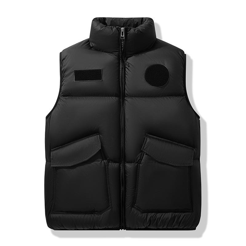 

Trendy tooling cotton clothes, vest men s winter outdoor sports, big pockets, loose stand-up collar, velvet thermal jacket men M чёрный