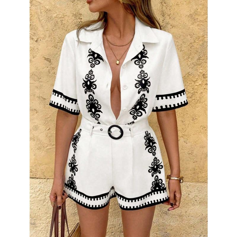 Women 2 Piece Set Floral Embroidered Short Sleeve Shirt and High Waist Shorts With Belt Multi Color