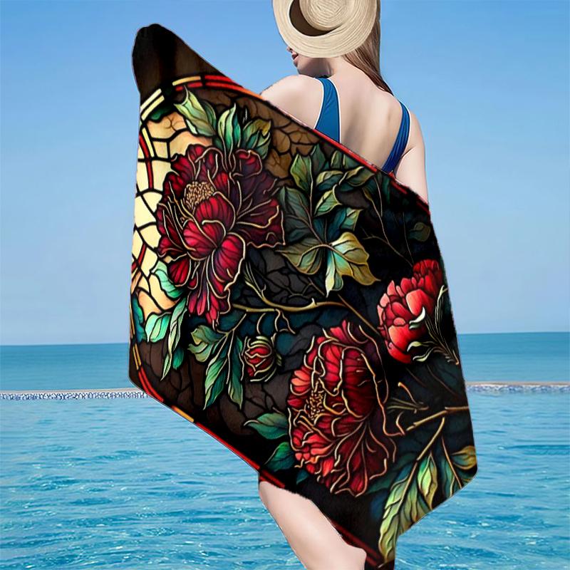 Stained Glass Peonies Beach Towel, Super Soft Microfiber, Gift for Her/Him, Birthday, for Pool, Beach, Travel, Home Decor Fan Gifts