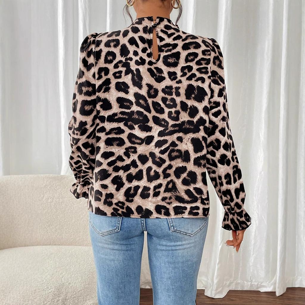 European and American new leopard print women's long-sleeved top