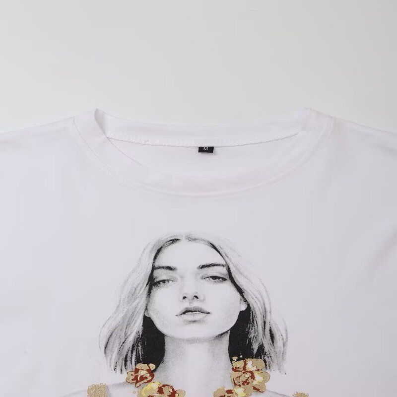 Fashion Style 2024 Autumn New Women's Clothing Easiest for Match Metal Print Cotton Comfortable Short Sleeve T-shirt 5644672