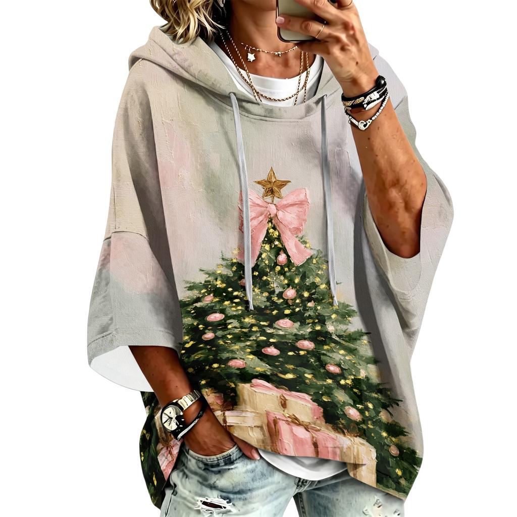 Women's 3/4 Sleeve Christmas Print Hooded Pullover Top Casual Holiday Outfit