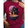 A Cat Lady Eating Ramen, Short-sleeved, Patterned Printed Round-neck T-shirt, Casual Short-sleeved T-shirt, Women's Clothing
