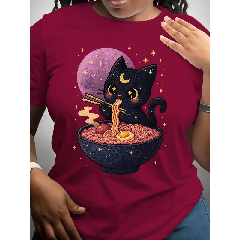 A Cat Lady Eating Ramen, Short-sleeved, Patterned Printed Round-neck T-shirt, Casual Short-sleeved T-shirt, Women's Clothing