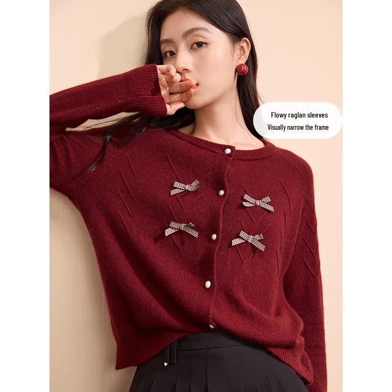 Xiangying Women's Christmas Red Bowknot Knitted Cardigan