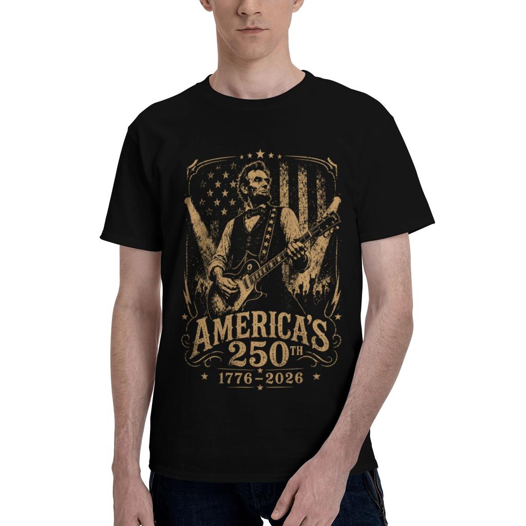 Custom Abraham Lincolns Playing Guitar For Unisex Pure Cotton Tshirt Leisure Tees Short Sleeve 4th July 250th Anniversary Tshirts