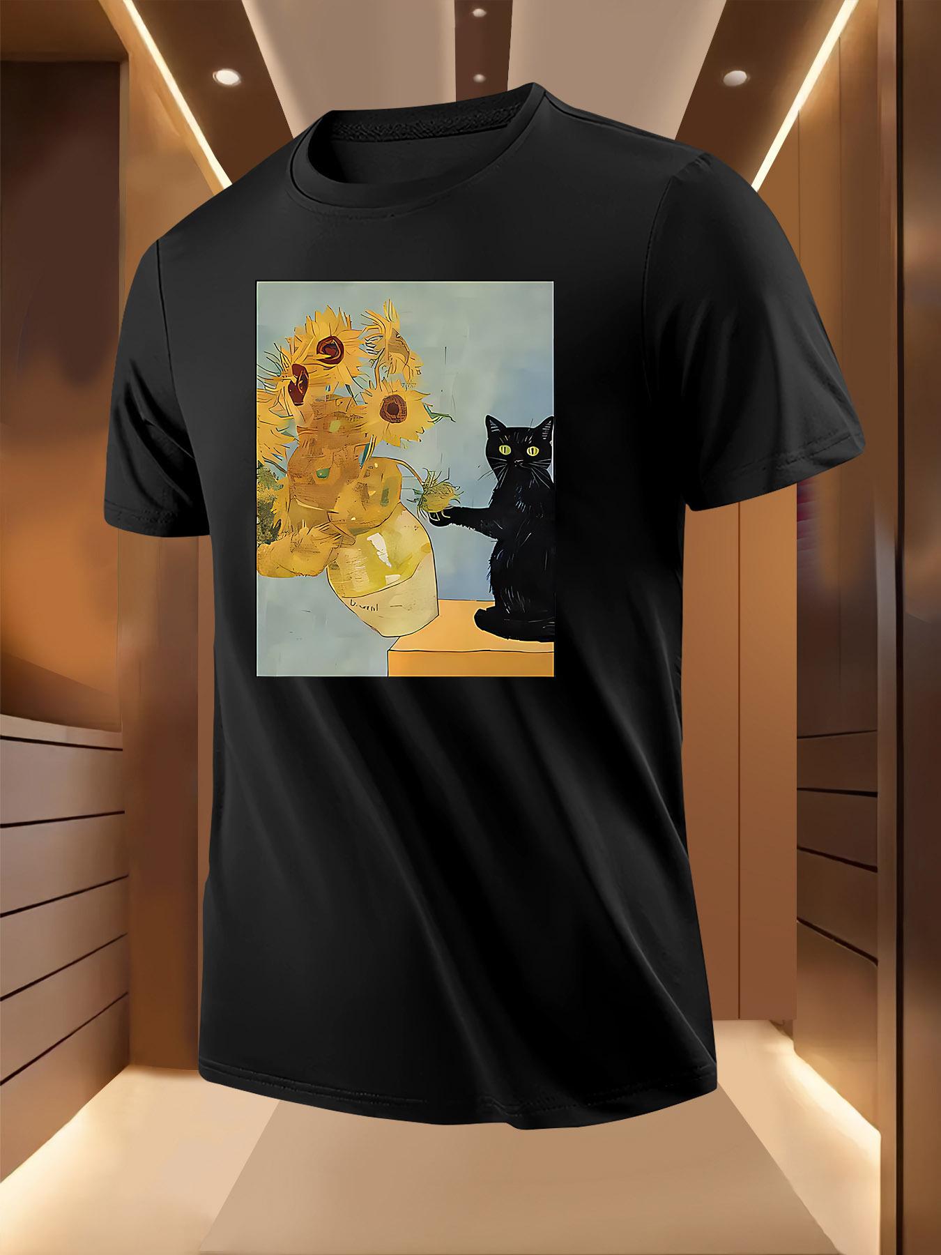 Black Cat Sunflowers Print Tshirt - Breathable Lightweigh... XXXL