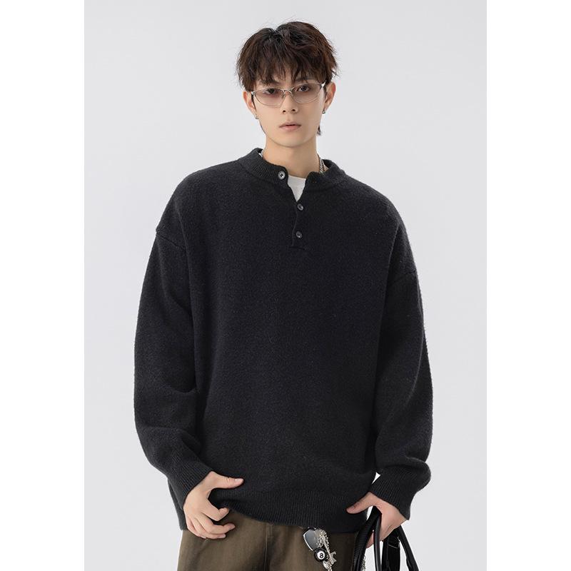 

Men s Retro Henley Neck Sweater - 2025 Winter New Arrival, Old Money Style Loose Casual Knit Pullover L чорний