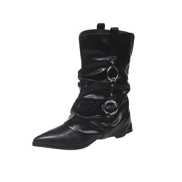 Cowhide version~ pointed western cowboy boots women's 2025 autumn and winter Maillard short boots retro low-heeled medium tube knight boots