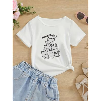 European Sizes Girls' Casual T-Shirt  Nteractive Cat Print Round Neck Fashionable Comfort Spring/Summer Tee, Girls Clothing Gift