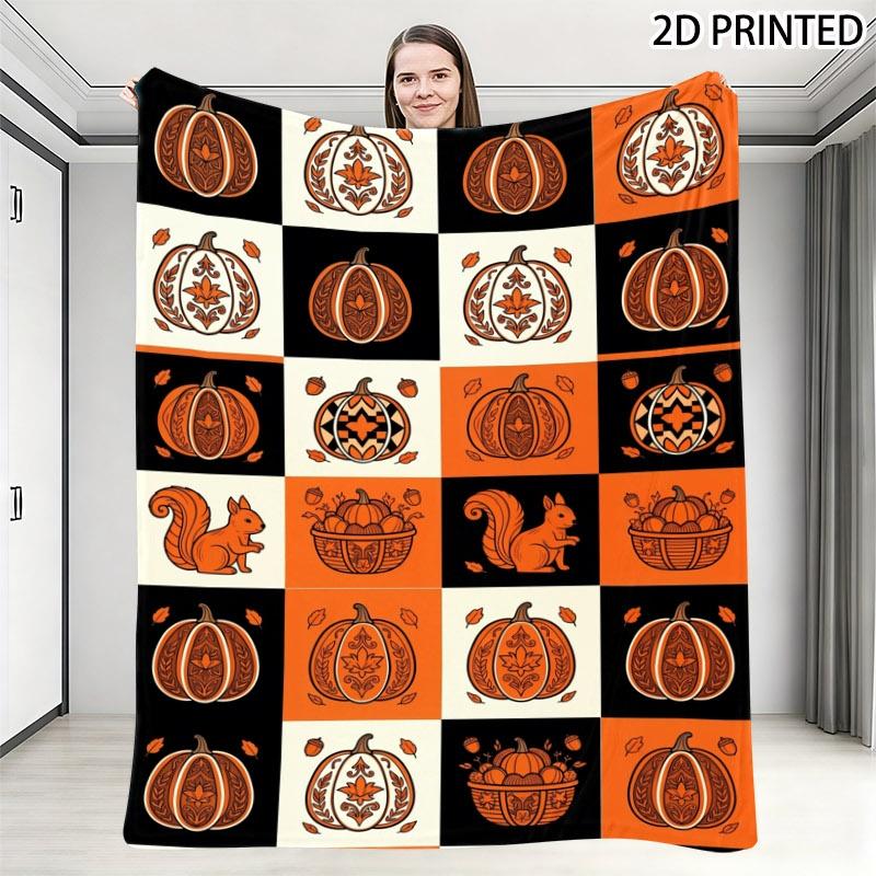 Retro Folk Art Fall Harvest Throw Blanket, Pumpkin Squirrel Geometric Checkered Print Halloween Blanket, Available in Multiple S