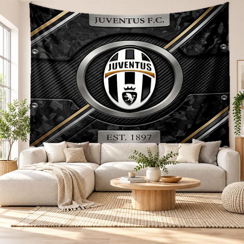Arazzo da Parete FC Juventus, Appeso a Parete in Tessuto Morbido, Sfondo Decorativo per Camera da Letto, Arte da Parete per la Casa