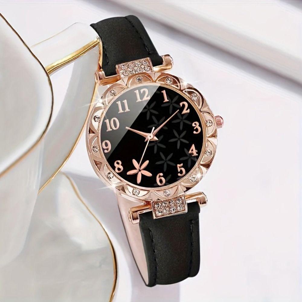 Rhinestones Watch Jewelry Set with Leather Strap Quartz Wristwatch Watch Bracelet Set  Girls