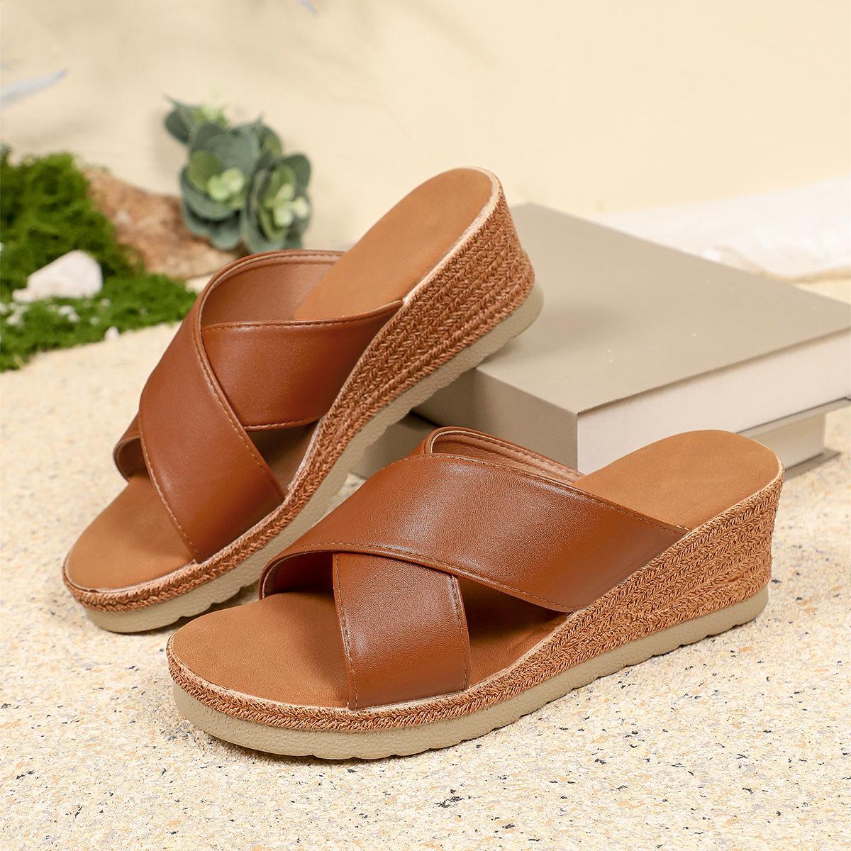 **2026 Summer Cross-Strap Wedge Platform Flip-Flops with Thick Sole - Women s European & American Outdoor One-Strap Sandals** 40 коричневый