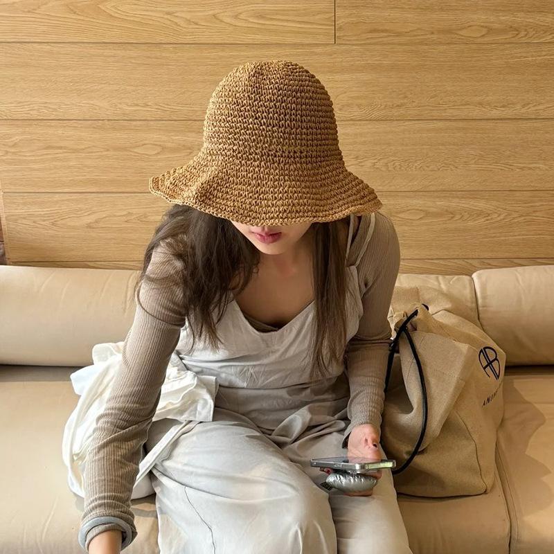 Straw Hat Women's Summer Simple Handmade Straw Woven Retro Fisherman Hat Big Edge Foldable Sun Hat