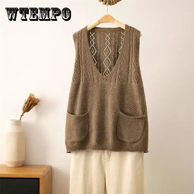 V-neck Vest Women's Spring and Autumn Wear Hollow Retro Literary and Artistic Knitted Vest Wear Loose Top