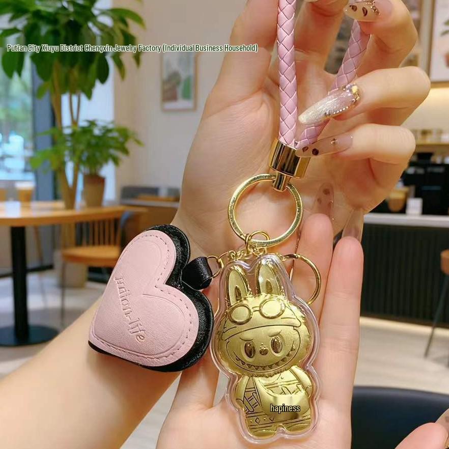 999 Pure Gold Labubu Keychain & Phone Charm with Gold Ornament: Cartoon Bag Charm Gift