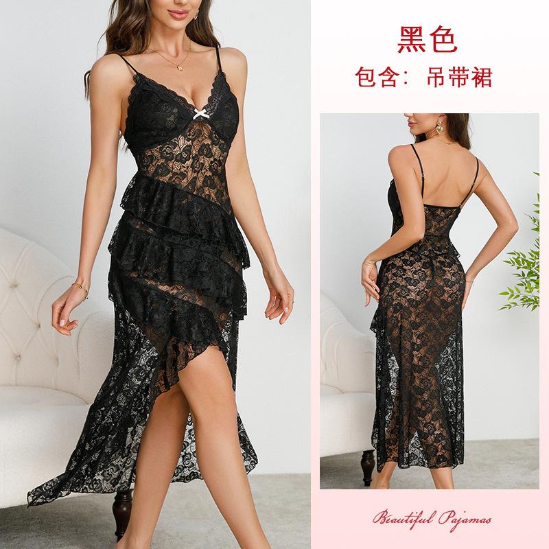 Multi-Style Sexy Lace Mesh Nightgown Deep V High Slit Print Cami Pajamas Women's Loungewear Versatile Seductive Sleepwear Collection with Diverse