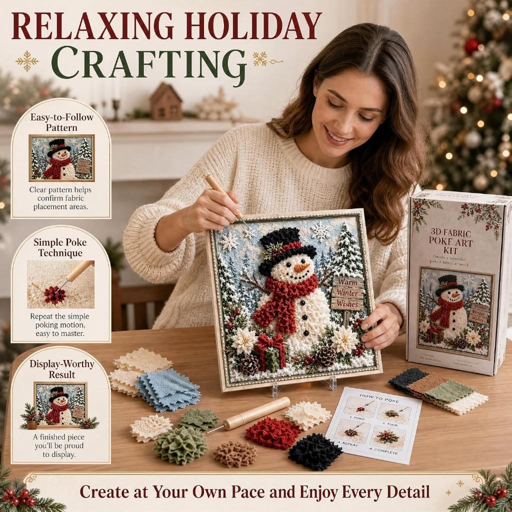 3D Christmas Handmade Fabric Poke Art Kit with Wreath Design: DIY Holiday Craft with Simple Illustrated Guide Vintage Seasonal Decoration for Adults