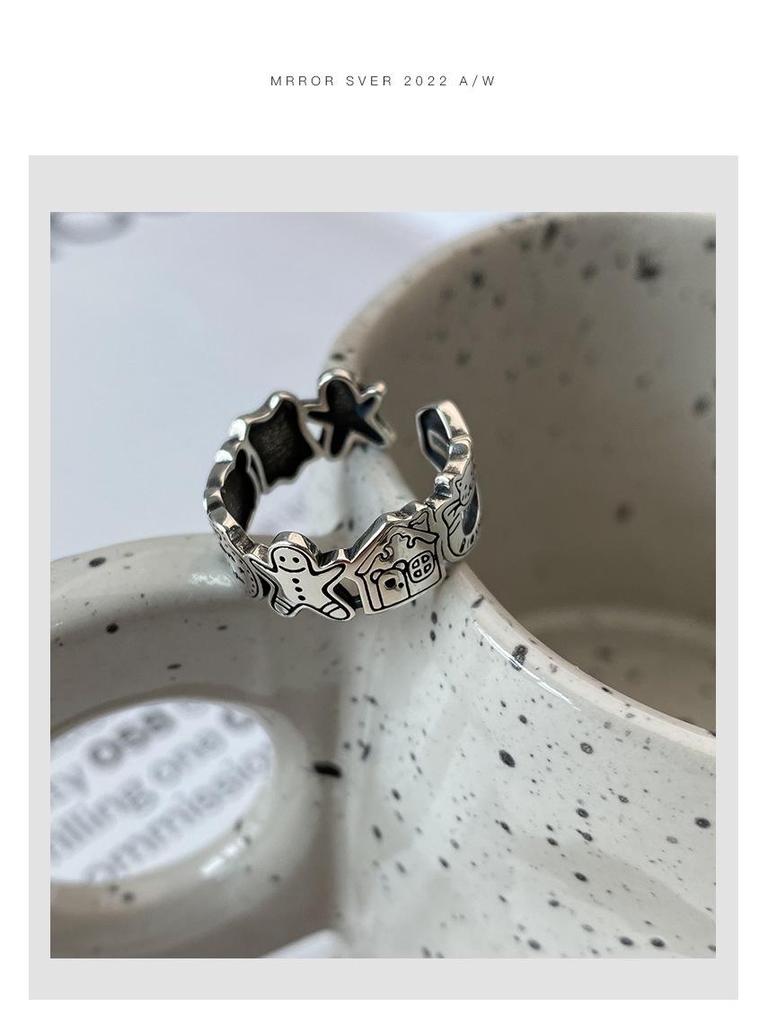S925 Sterling Silver Graffiti Gingerbread Man & Bear Christmas Ring: Women's Retro Open Index Finger Style