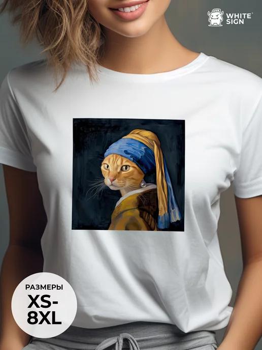 Cat with an Earring oversized cotton T-shirt L