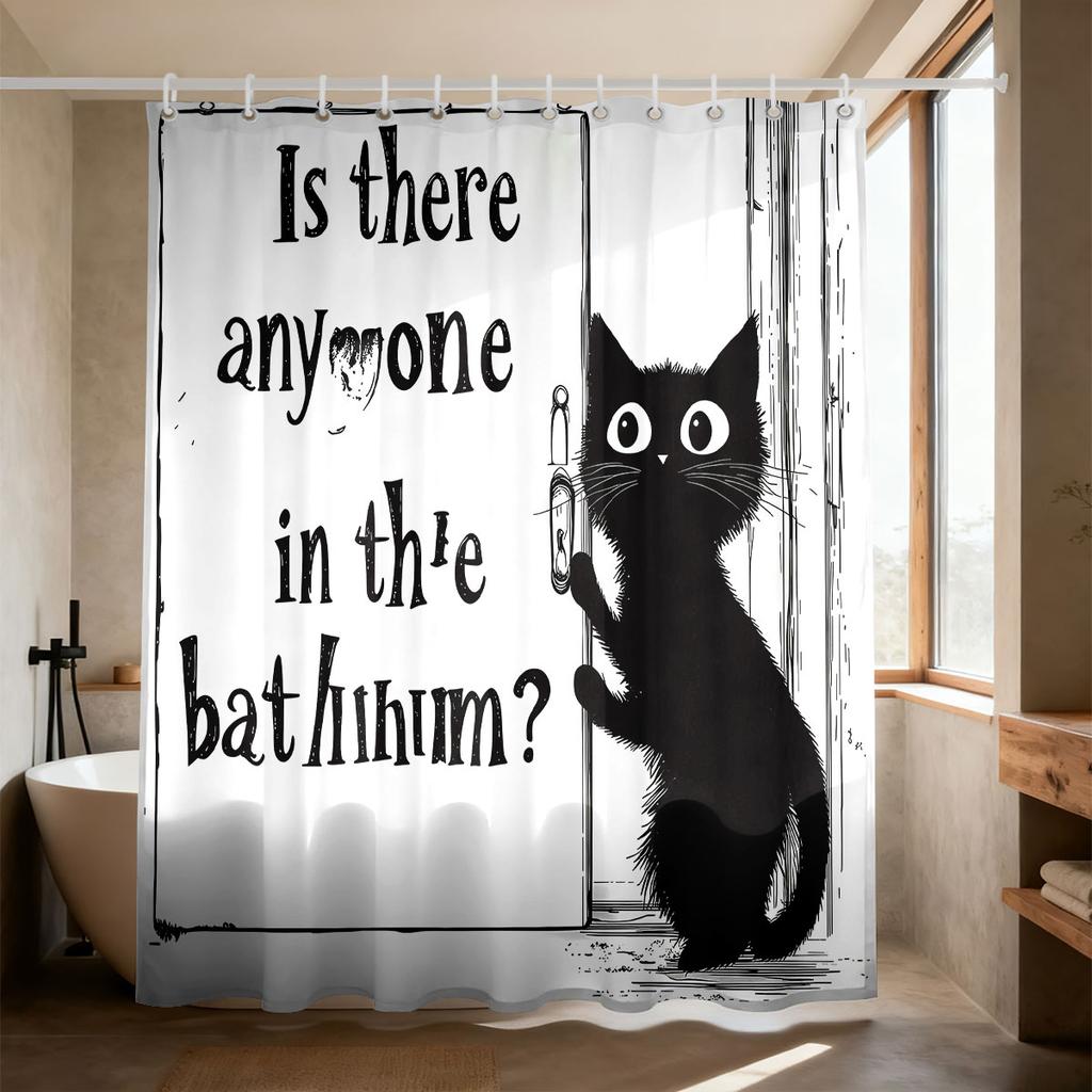 1Pc Cute Cat Text Printed Waterproof Shower Curtain Partition Privacy Hanging Curtain, 12 Hooks, Multiple Sizes