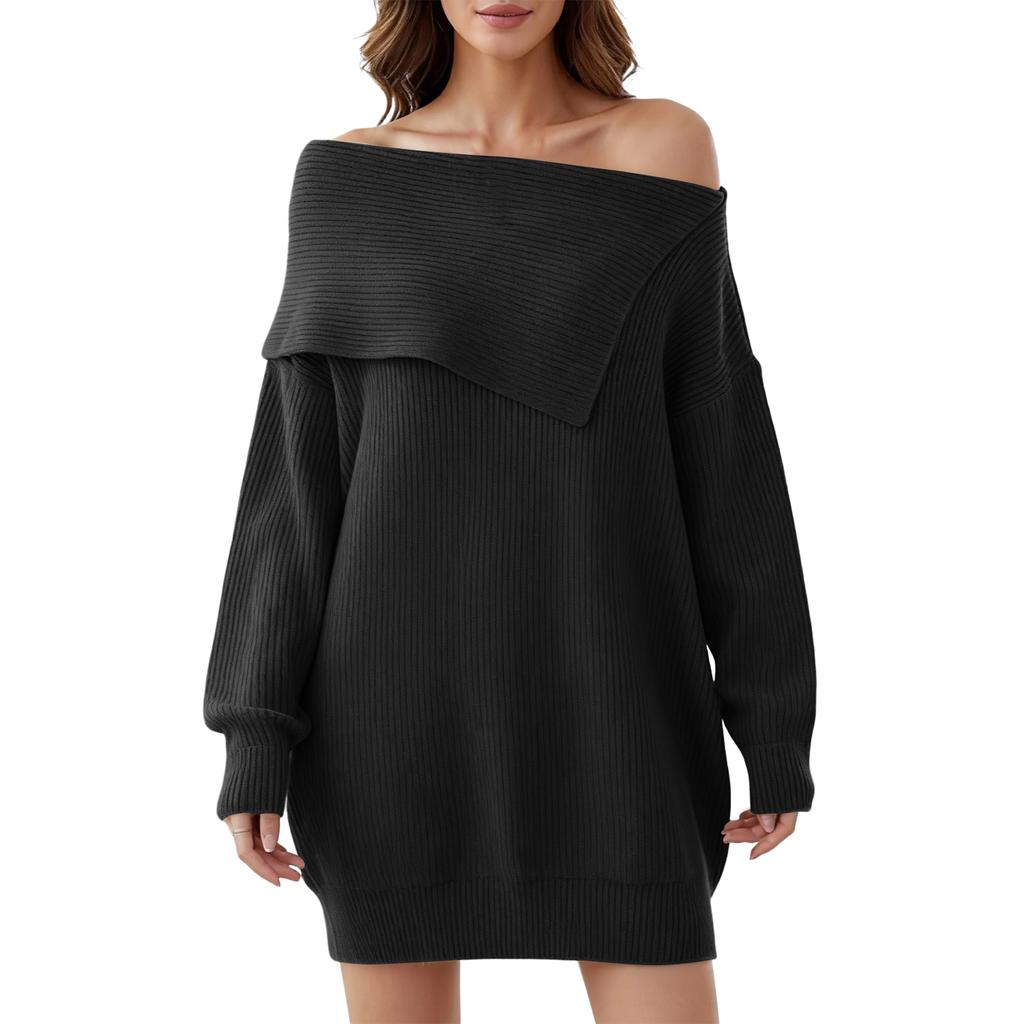 Damen Strickkleid mit umgeklapptem Kragen, schulterfrei, lange Ärmel