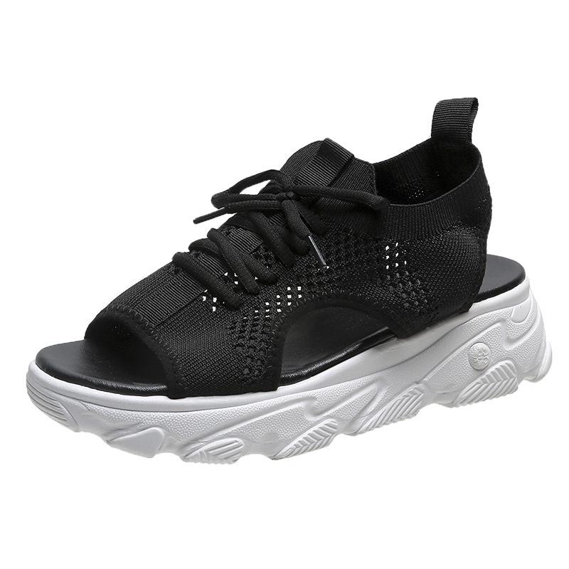 

Жіночі спортивні сандалі Flyknit великого розміру - Літо 2021, М яка товста підошва, Повсякденний плоский пляжний порожнистий дизайн 40 чорний