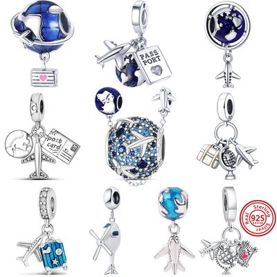 Nou S925 Argintiu Blue Earth Valisă de călătorie Avion de modă Pandantiv DIY Mărgele se potrivesc cu brelocuri originale Brățară Bijuterii de lux