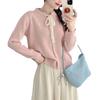 Gentle wind lace strap bow knitted cardigan women's autumn and winter sweet love buckle crew neck sweater jacket