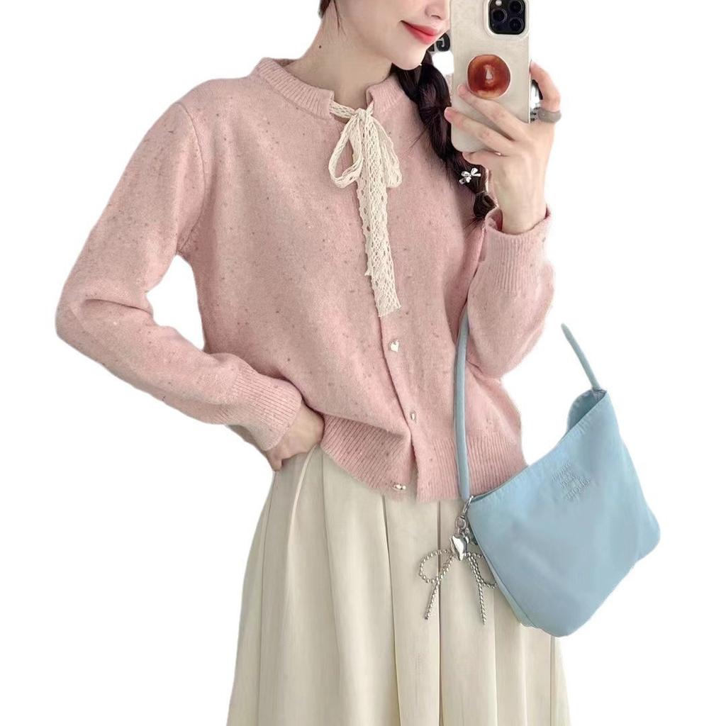 Gentle wind lace strap bow knitted cardigan women's autumn and winter sweet love buckle crew neck sweater jacket