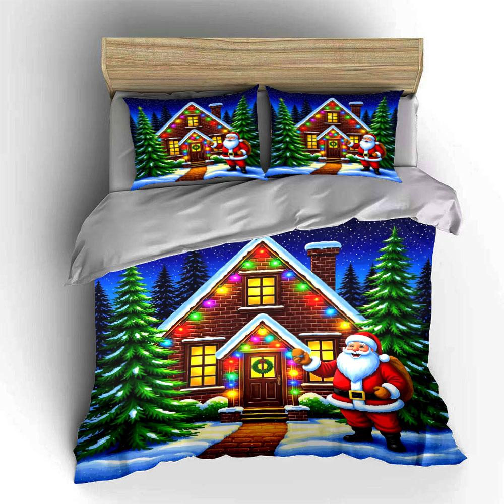 Santa and Festive Holiday House Bedding Duvet Cover Set Duvet Cover Pillowcases (1*Duvet Cover 2*Pillowcases, without duvet insert)