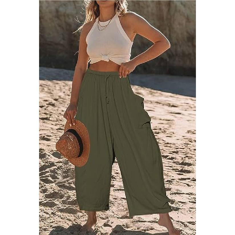 2026 Spring/Summer Women's Elastic Waist Pleated Mid-Waist Straight-Leg Loose Casual Cropped Pants