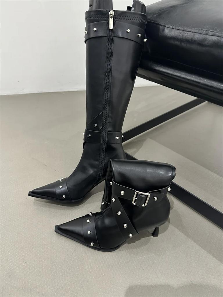 Fashion Knee High Boots Boots for Women Cool Metal Pointed Toe High Heels Fashion Western Boots Female Rivet Buckle Sexy Ladies Booties