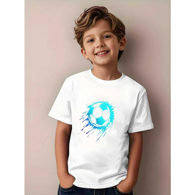 

European sizes Boys Soccer T-Shirt | Vibrant Blue with Soccer Ball Design, Soft Fabric, Crew Neck, Short Sleeves, Casual Style, Machine Washables 164cm