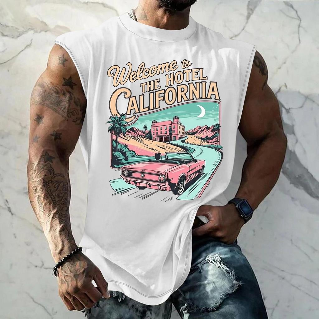 Men Sleeveless Tank Top Loose Fit Breathable Muscle Shirt Vintage Graphic Print Casual Streetwear Summer Sportswear