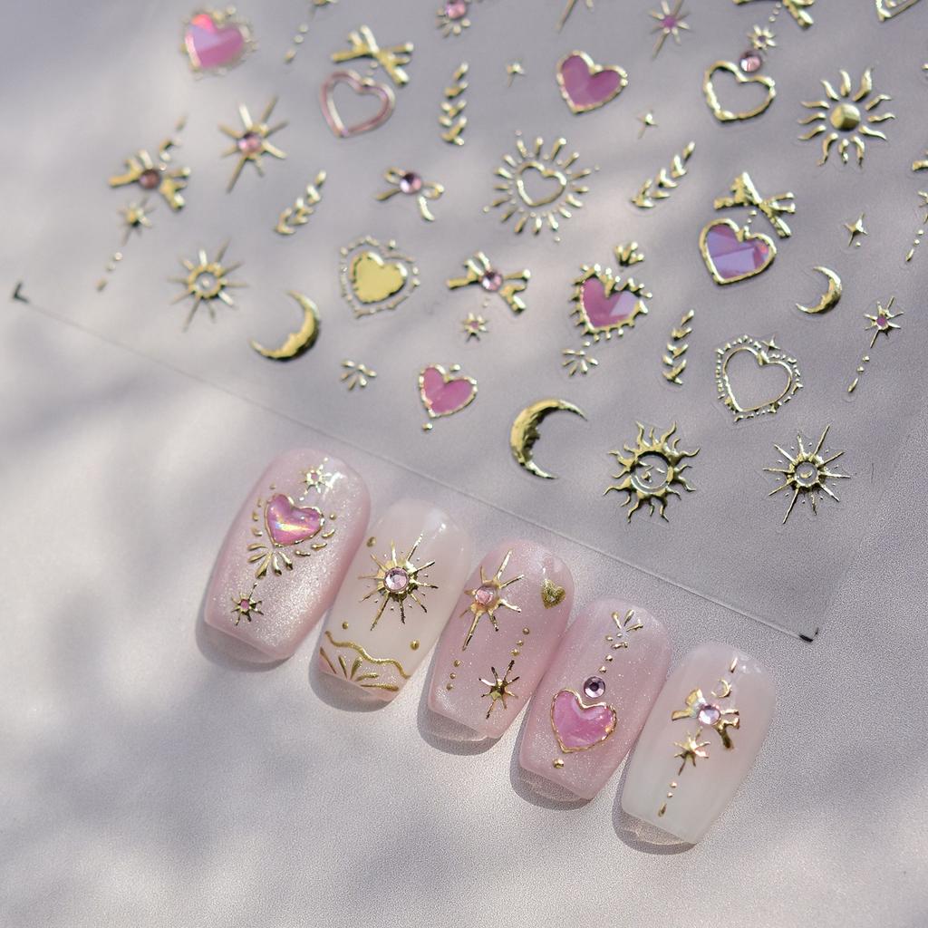 Crystal Nail Sticker Embossed Rhinestone Self-Adhesive Pink Heart Butterfly Star and Moon Design Festival Gift Supplies