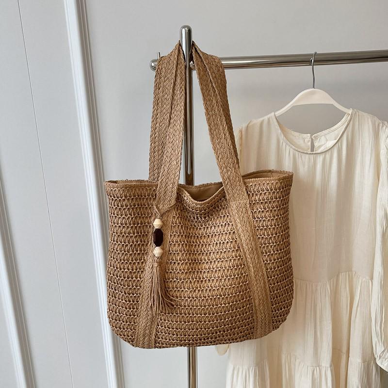 Versatile Solid Color Straw Beach Bag – Large Capacity Vacation Handbag