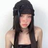 Women's Cute Black Bowknot Beanie Versatile Korean Style Elastic Head Wrap Lace Hat Fashionable Summer Face Slimming Cap