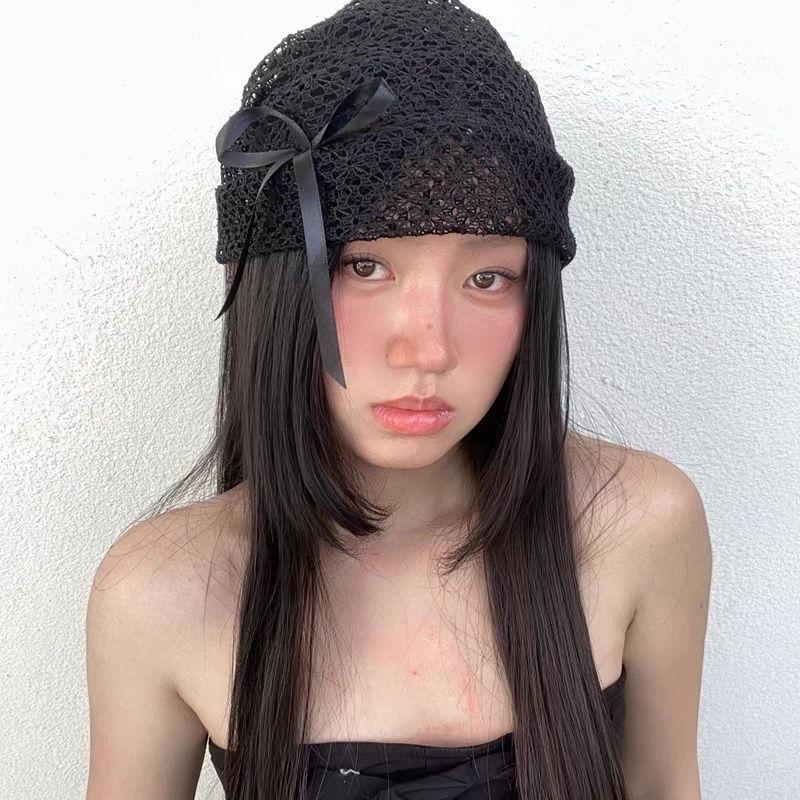 Women's Cute Black Bowknot Beanie Versatile Korean Style Elastic Head Wrap Lace Hat Fashionable Summer Face Slimming Cap