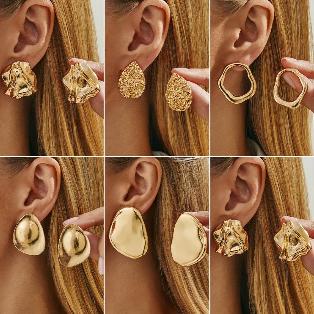 New Exaggerated Fashion Bright Surface Liquid Metal Pleated Teardrop Stud Earrings for Women Simple Personality Piercing Jewelry