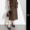 Elegant Coffee-Colored Collarless Skirt Suit for Women with Waist-Cinching Belt - Perfect for Urban Professional Style and Commuting.