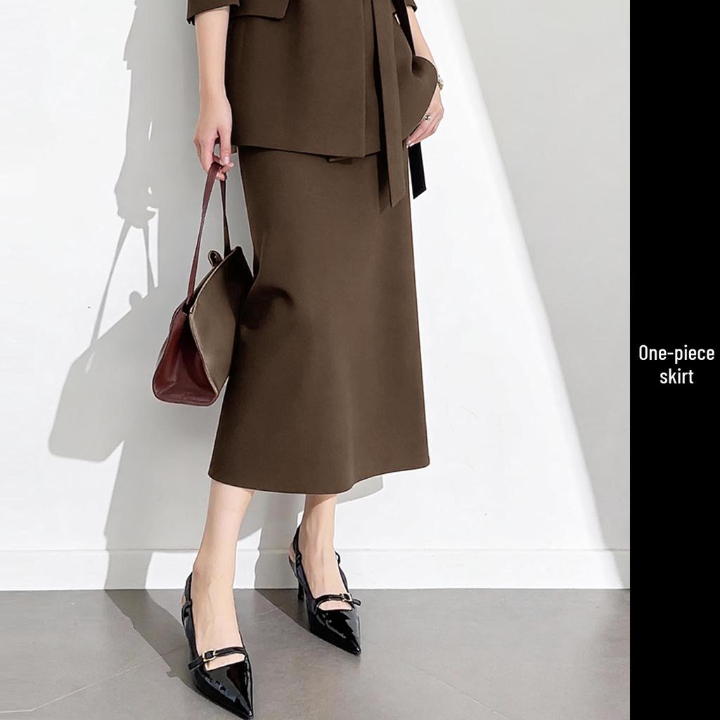 Elegant Coffee-Colored Collarless Skirt Suit for Women with Waist-Cinching Belt - Perfect for Urban Professional Style and Commuting.