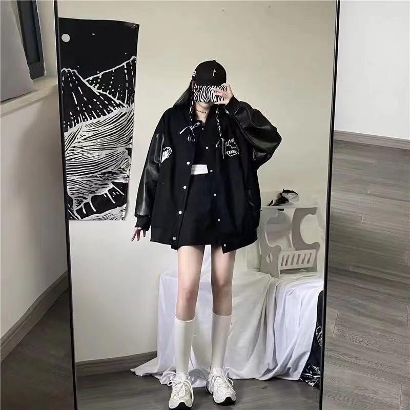 New Spring Autumn Coat Women's Korean Harajuku Style Bomber Jacket Oversized Jacket Leather Pure Black Women's Jacket Cloth