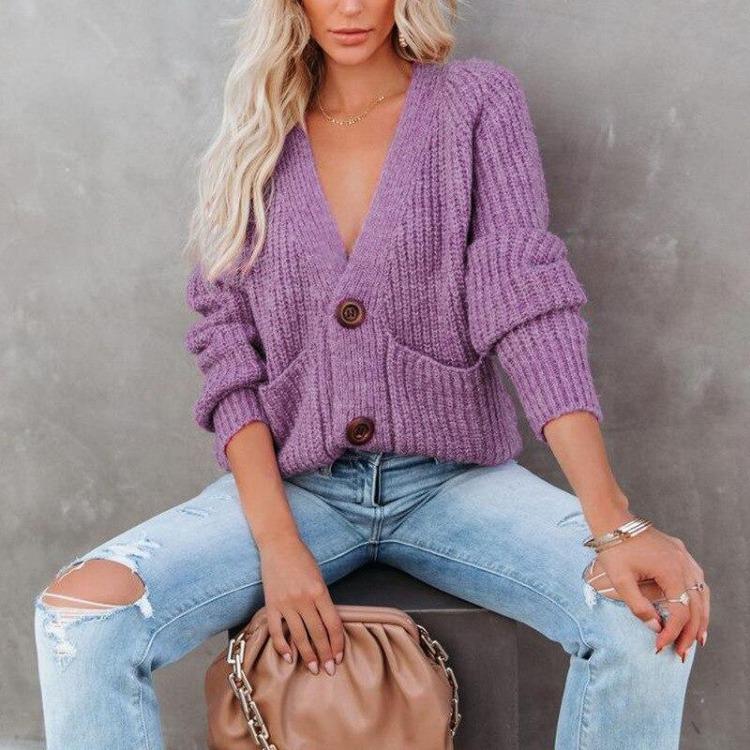V-Ausschnitt Uni Cardigan Pullover Jacke mit langen Ärmeln für Herbst und Winter Einreiher Oberteil