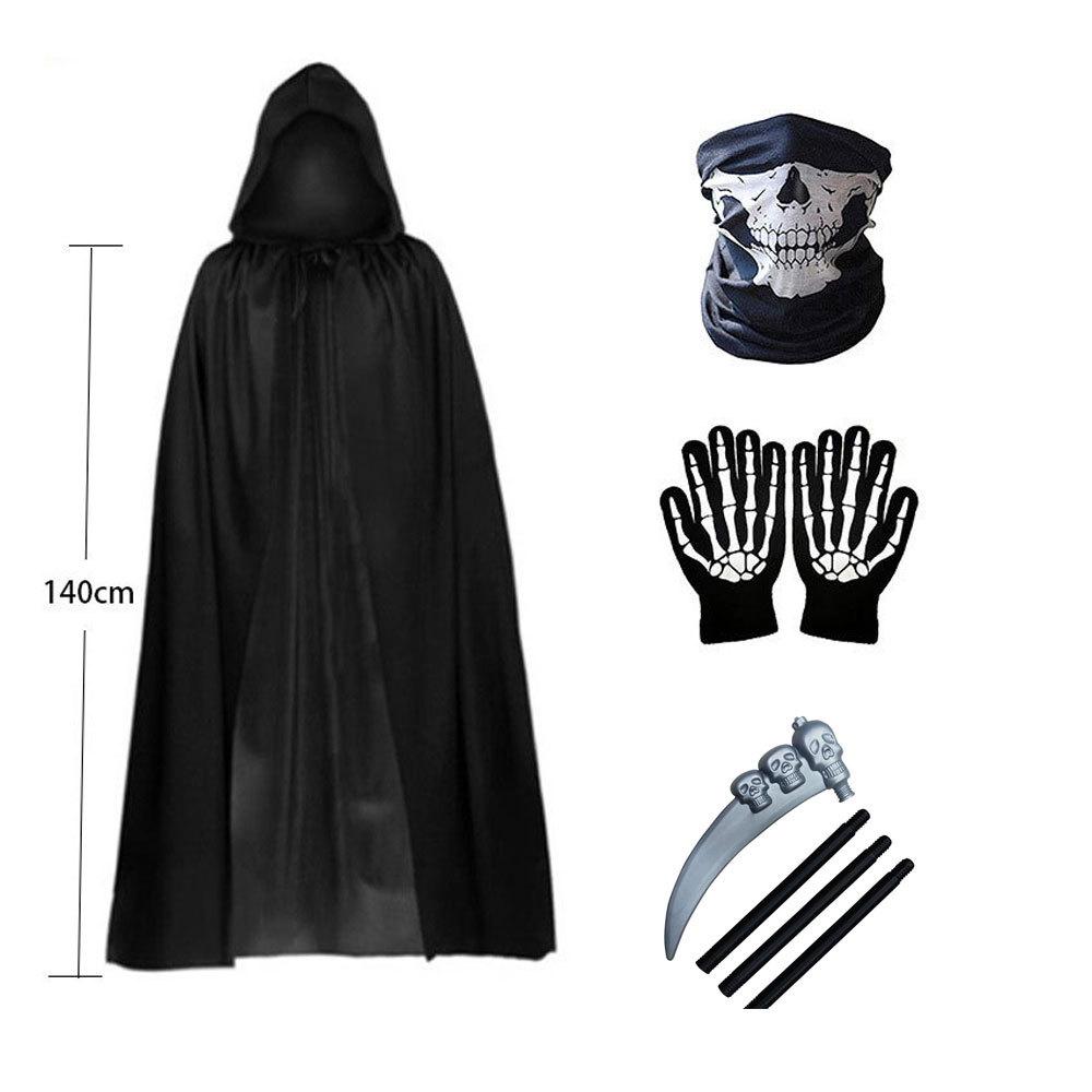 Set Costume Mietitore di Ossa di Halloween con Mantello Nero, Mantellina e Falce per Bambini e Adulti