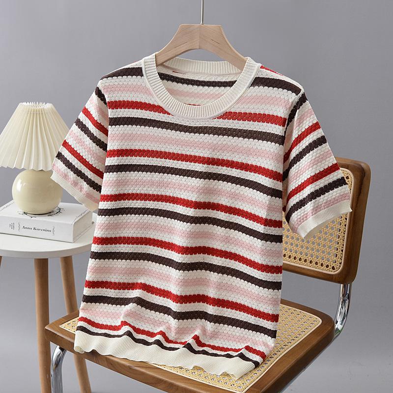 Summer Outfit Pullover Round Neck Striped Ice Silk Half Sleeved Plus Size Women's T-shirt