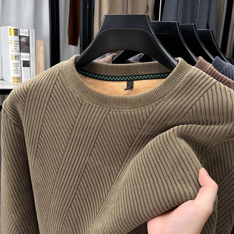 Men's Fashion Long-Sleeve Velvet Warm Hoodie - Autumn/Winter Round Neck Knit Casual Top