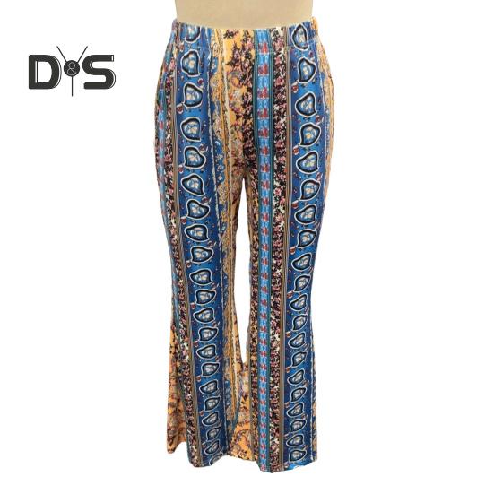 Damenhose im Ethno-Stil, Blumendruck, lange Schlaghose, Retro, hochelastisch, sexy Freizeithose, Streetwear
