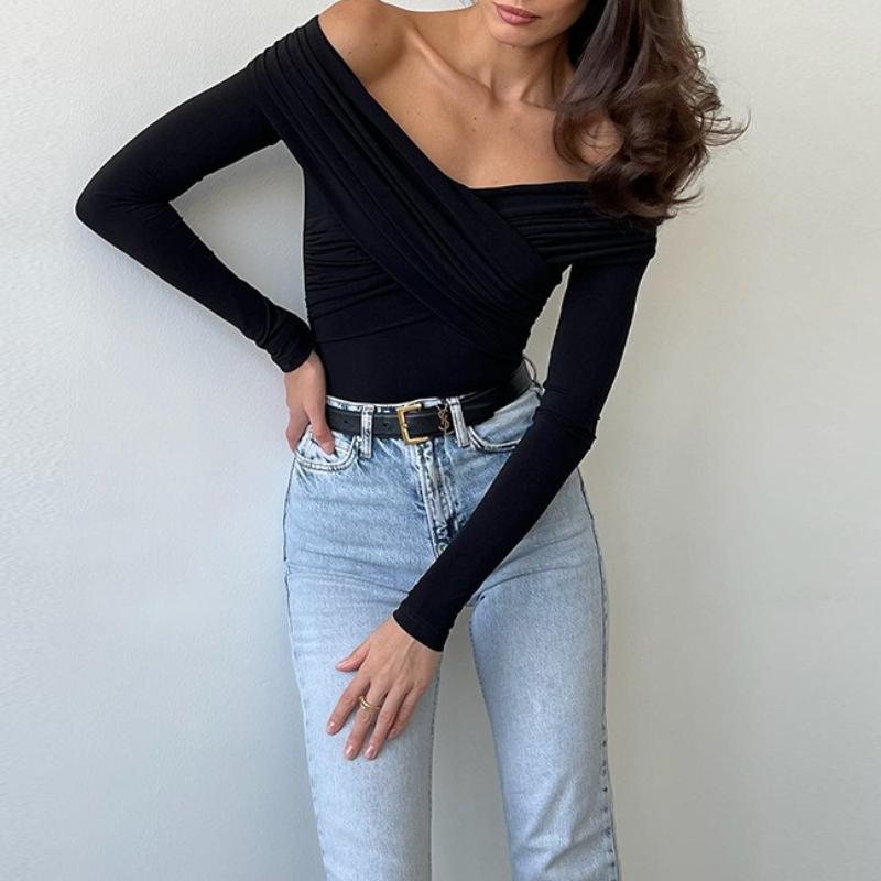 Sexy Dámské Módní Jednobarevné Body s Odhalenými Rameny Křížené Záhyby Skinny Romper Oblečení Dlouhý Rukáv Šik Streetwear Podzimní Oblečení Nové